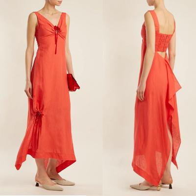 China Women Clothing Summer Sleeveless With V neck Linen Maxi Dresses For Ladies for sale