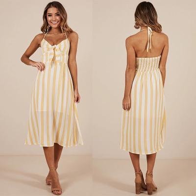 China New arrival High Quality Mustard Stripe Beach Dress Summer Women Maxi Dress Ladies Sleeveless for sale