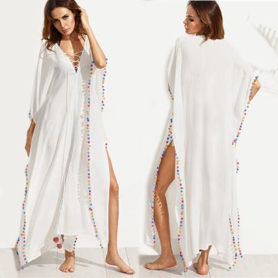 China Bohemian White Lace-up Long Summer Beach Cover Up Dress with Split for sale