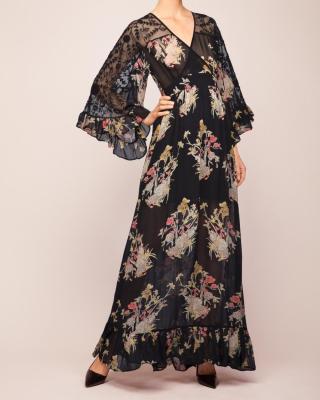 China Fashion Design Empire Waist Floral Embroidered V-Neckline Maxi Woman Dress for sale