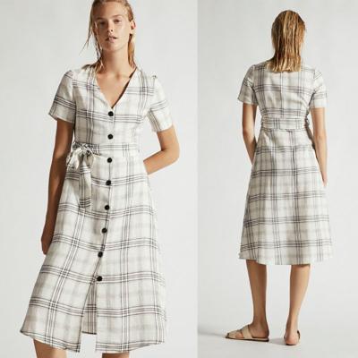 China Summer Clothing Women V Neck Midi Checked Linen Dress for sale