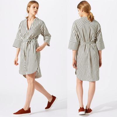 China New Design Relaxed Fit Deep V-neckline Stripe Linen Dress for Woman for sale