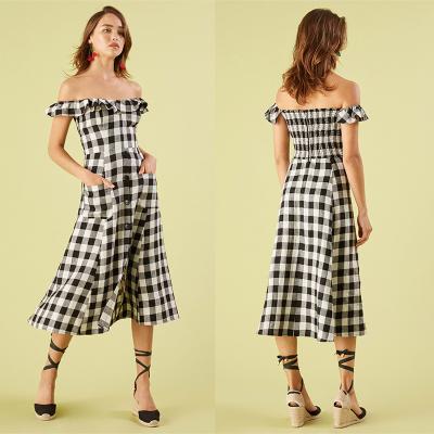 China Black and white checked off shoulder dress for sale