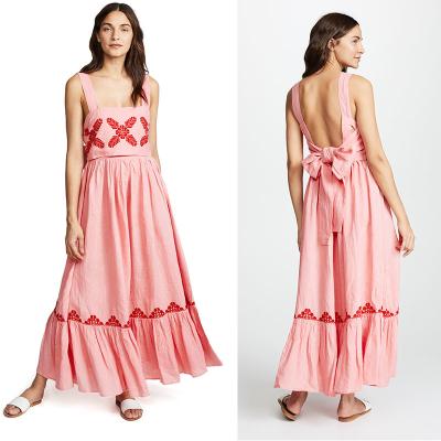 China 2018 Pink Linen Embroidery Women Maxi Dress Summer for sale
