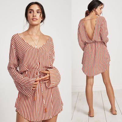 China Summer Wholesale Design Striped Long Sleeve Casual Woman Dress for sale