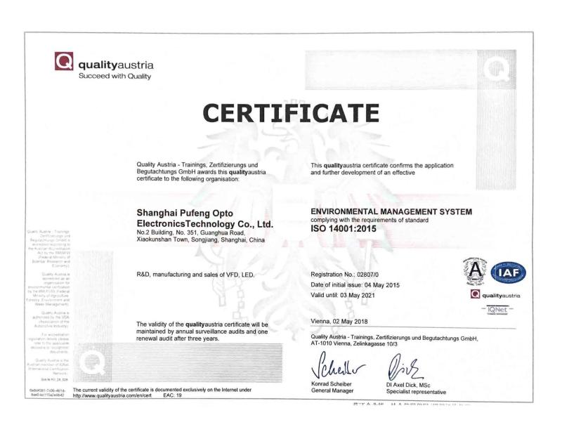 ISO 14001 - SHANGHAI PUFENG OPTO ELECTRONICS TECHNOLOGY CO.,LTD.