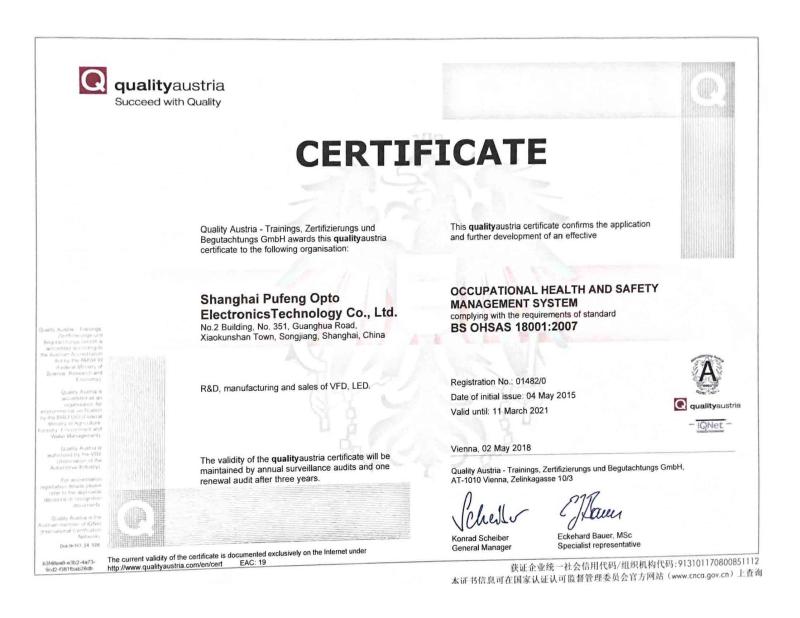 ISO 18001 - SHANGHAI PUFENG OPTO ELECTRONICS TECHNOLOGY CO.,LTD.