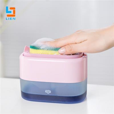 China Countertop Dishwashing Soap Dispenser With Sponge Holder 500ml Pink Blue Colors for sale