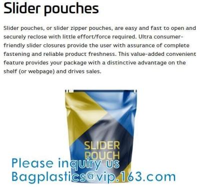 China Slider Pouch Bags, Flat bottom, Square bottom, round bottom, zip top, slider top, toy packaging for sale