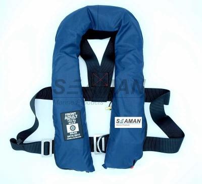 China SOLAS 275N Navy Blue Inflatable Life Jacket Double Air Chamber 60G Cylinder With Harness D Ring for sale
