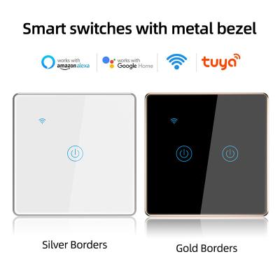 China Metal Bezel Tuya Smart Switch 600W 2 Gang Touch Dimmer App Voice Control for sale
