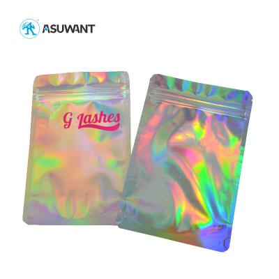 China Custom Rainbow Holographic Ziplock Bags Pink Laminated Material For Cosmetic Lashes for sale