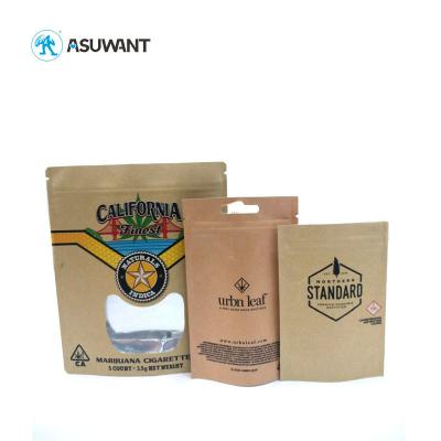 China Weed Packaging Kraft Paper Zipper Bags Stand Up Recyclable With Window for sale