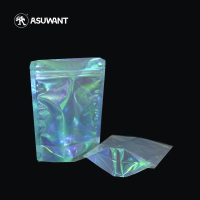 China Resealable Plastic Stand Up Hologram Mylar Bag Clear Ziplock for sale
