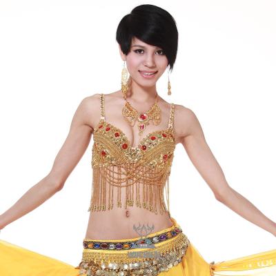 China O sutiã amarelo frisado da dança de barriga cobre com jóias/borla para o desempenho de dança à venda