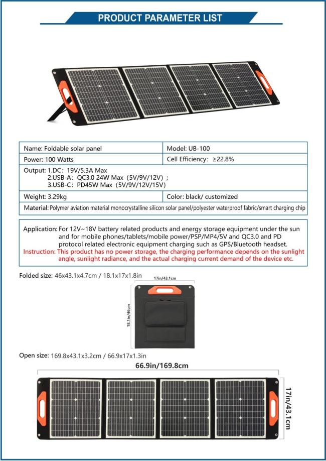 Portable Solar Panel Foldable 100W Xt60 Charger DC Port Polycrystalline Silicon Waterproof Camping Soft Solar Panel