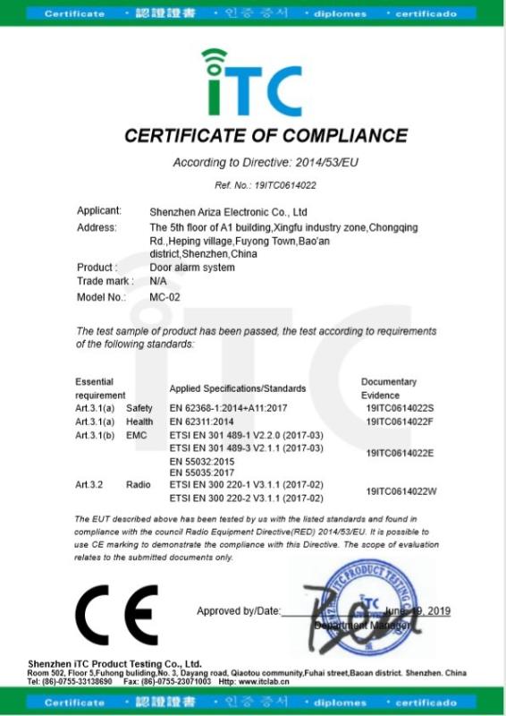 Product Certificate - Shenzhen Ariza Electronic Co.,Ltd.