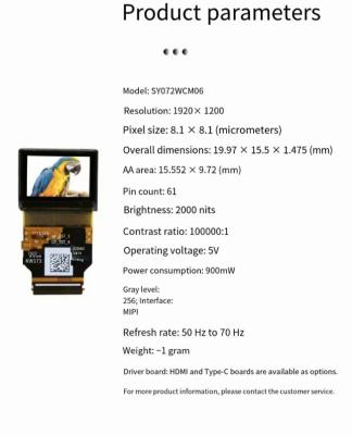 China 0.72 Inch Full Color Micro Oled Screen 4k Oled Microdisplay 1920*1200 for sale
