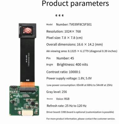 China 0.39 Inch Monochrome Micro OLED Display CVBS Interface 1024*768 400cd/M² Brightness for sale