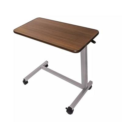 China 19 Speed Walnut Adjustable Over Bed Laptop Table Wood Grain Medical Bedside With Wheels for sale