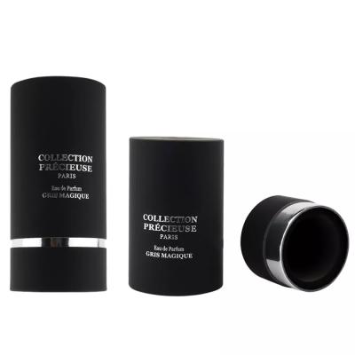 China Flat Top Black Round Perfume Tube Packaging with EVA Insert Silver Stamping Cosmetic Tube Packaging for sale