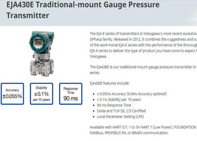 China Transmisor de presión diferenciada tradicional del soporte de EJA430E de la original de Japón en venta