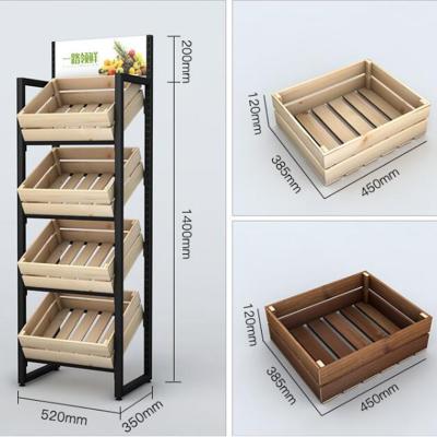 China Metal Multifunction Wooden Wine Fruit Vegetable Display Shelves For Grocery Shop for sale