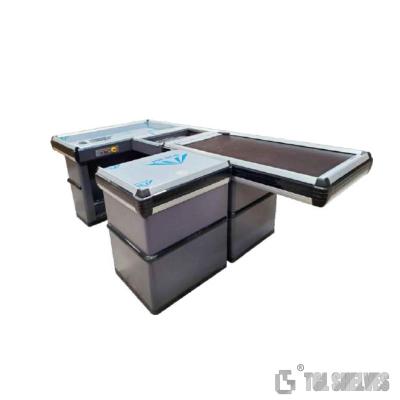 China Morden Register Checkout Counter , ODM Supermarket Cashier Desk With Conveyor Belt for sale