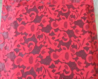 China Fashion Red Elastic Guipure Embroidery Lace Fabric For Wedding Dresses for sale