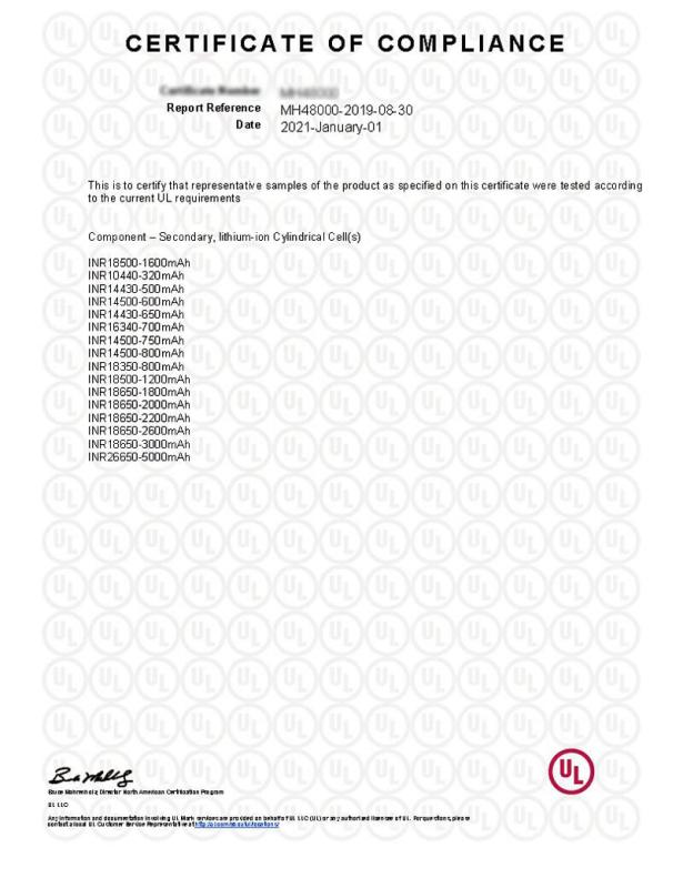 UL ternary battery certification - Shenzhen Mottcell New Energy Technology Co., Ltd.