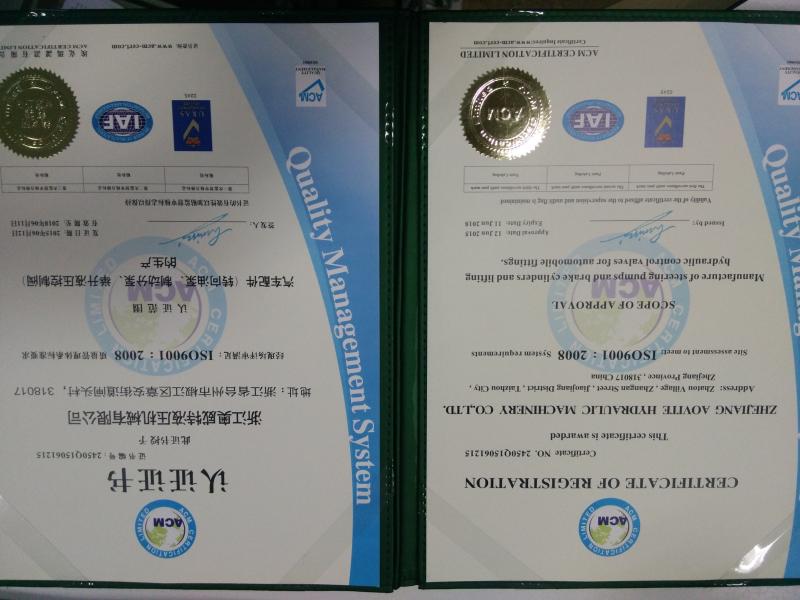 ISO9001:2008 - Zhejiang Aovite Hydraulic Machinery  Co., LTD.