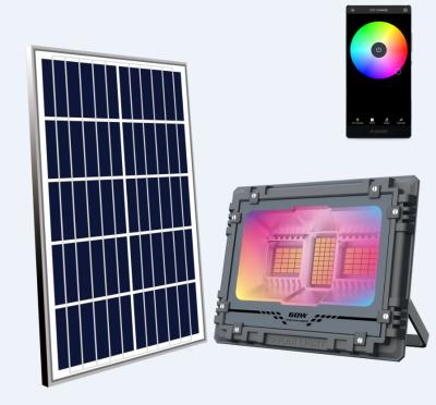 China IP65 waterproof 60W 100W 200W 300W 500W RGB Solar Flood Light with remote app control color changing outdoor decoration for sale