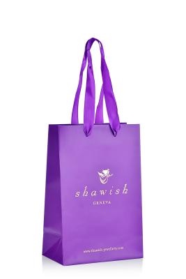 China CMYK Branded Paper Bags Printing Purple Jewelry Packaging Bag With Ribbon Handle for sale