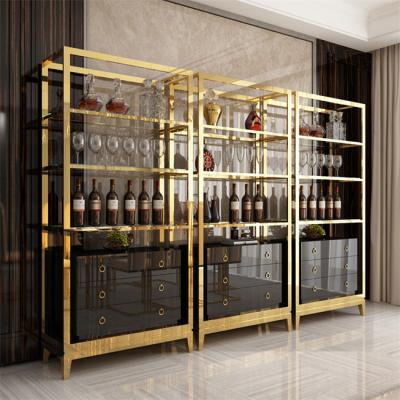 China Kitchen Golden Stainless Steel Wine Cabinet Display Shelving Customized for sale