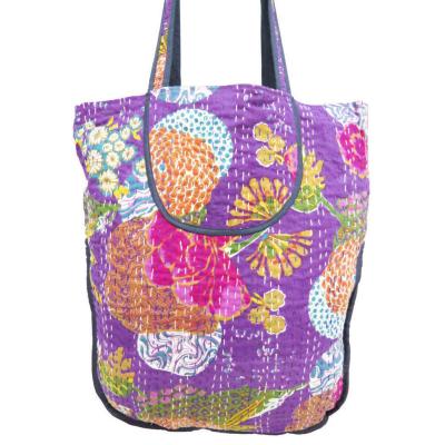 China Purple Cotton Quilted Shopping Bag Lady Handmade Kantha Embroidery Shoulder Bag for sale