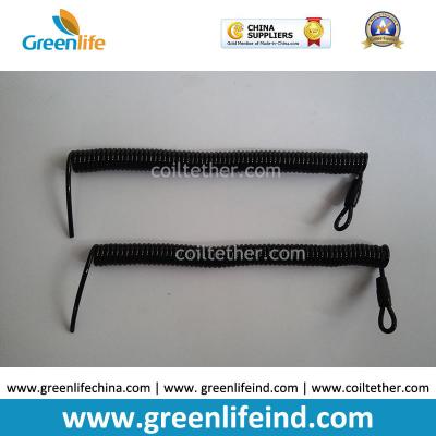 China Custom Attachments Solid Black PU Covered Extendable Plastic Spiral Safety Lanyard for sale