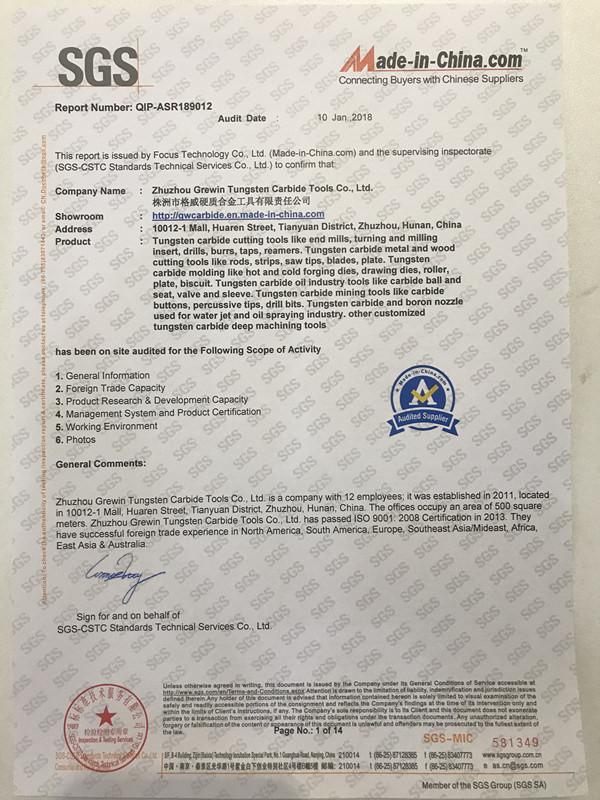 SGS Quality Certificate - Zhuzhou Grewin Tungsten Carbide Tools Co., Ltd