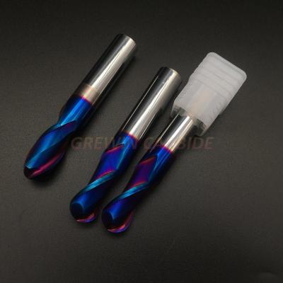 China HRC65 Tungsten Carbide Ball Nose End Mills 2 Flute with Blue Naco Coated 2.5X8X50 for sale