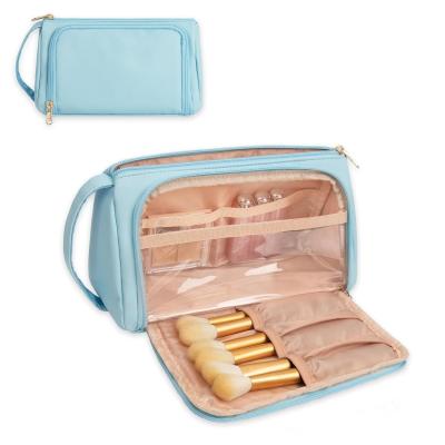 China Waterproof Makeup Toiletry Travel Bag Portable Blue PU Leather for sale