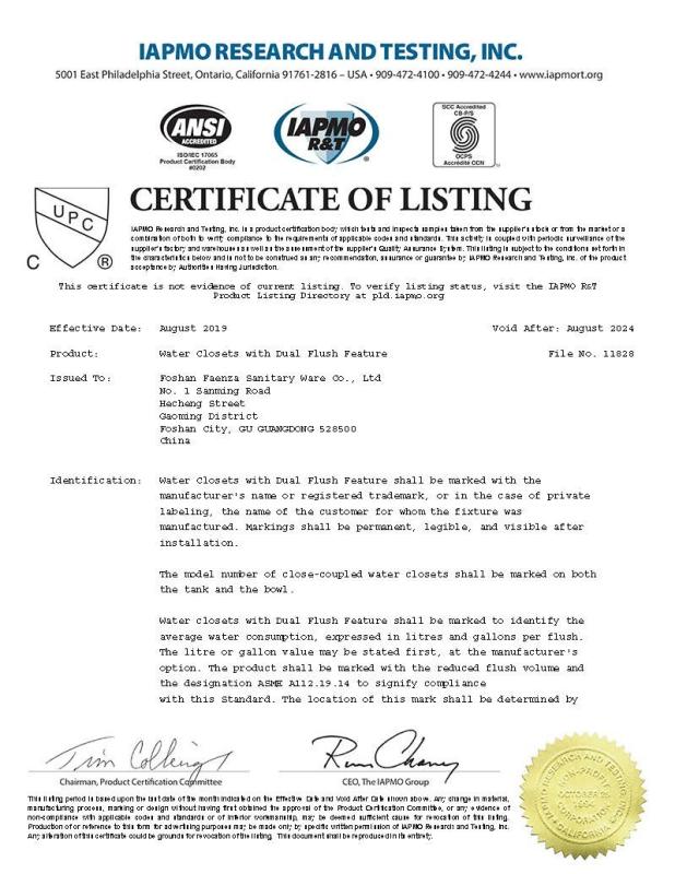CUPC Certificate - ARROW Home Group Co., Ltd
