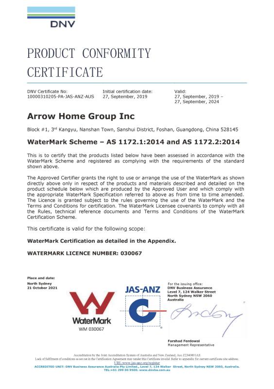 WaterMark Certificate - ARROW Home Group Co., Ltd