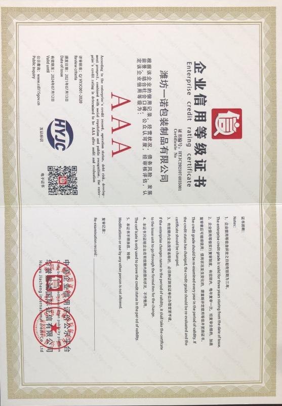Enterprise Credit Rating Certificate - WEIFNAG UNO PACKING PRODUCTS CO.,LTD