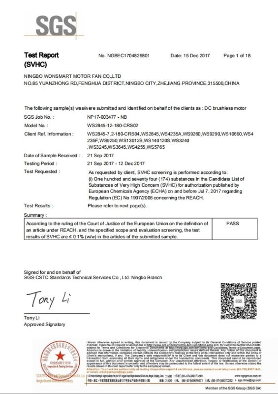 Certification Testing-Product Certificate - Ningbo Wonsmart Motor Fan Co.,Ltd