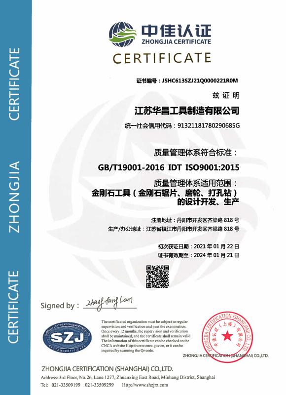 QUALITY CONTROL SYSTEM CERTIFICATE - Jiangsu Huachang Tools Manufacturing Co., Ltd.