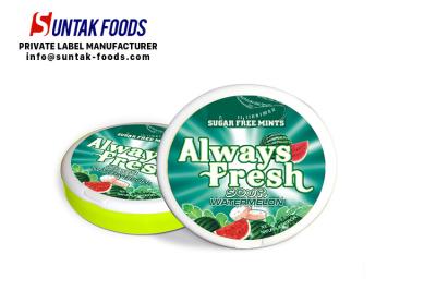 China Sour Watermelon After Dinner Candy / Mints In Round Box Custom Logo for sale