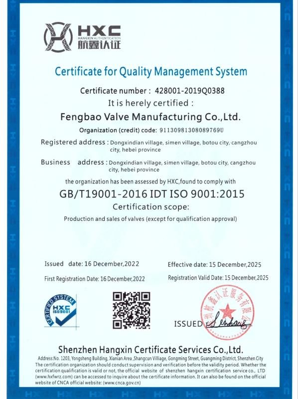 ISO9001 - Fengbao Valve Manufacturing Co., Ltd.