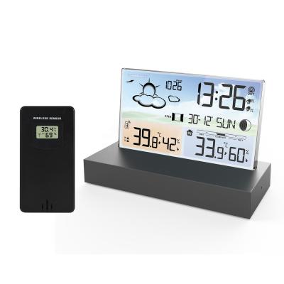 China Multifuntcional Electronic Weather Forecast Alarm Clock Desktop Transparente Vidro Color Screen RF sem fio à venda