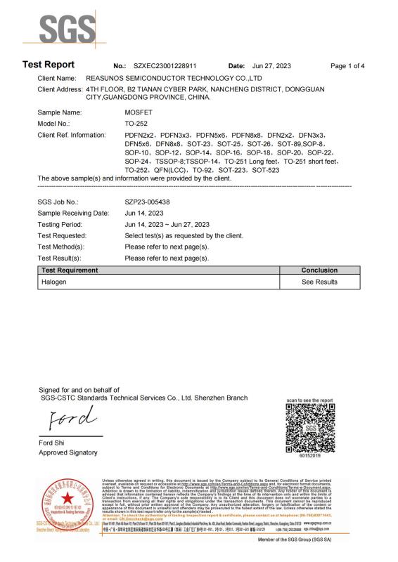 Halogen-free Certification of Package-1 - Reasunos Semiconductor Technology Co., Ltd.