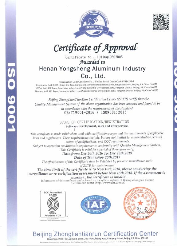 ISO 9001 - Henan Yongsheng Aluminum Industry Co.,Ltd.
