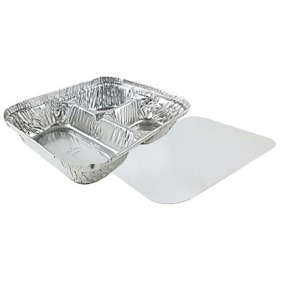 China 3 Compartment Rectangular Aluminum Foil Plate Food Container With Flat Lids Disposable for sale